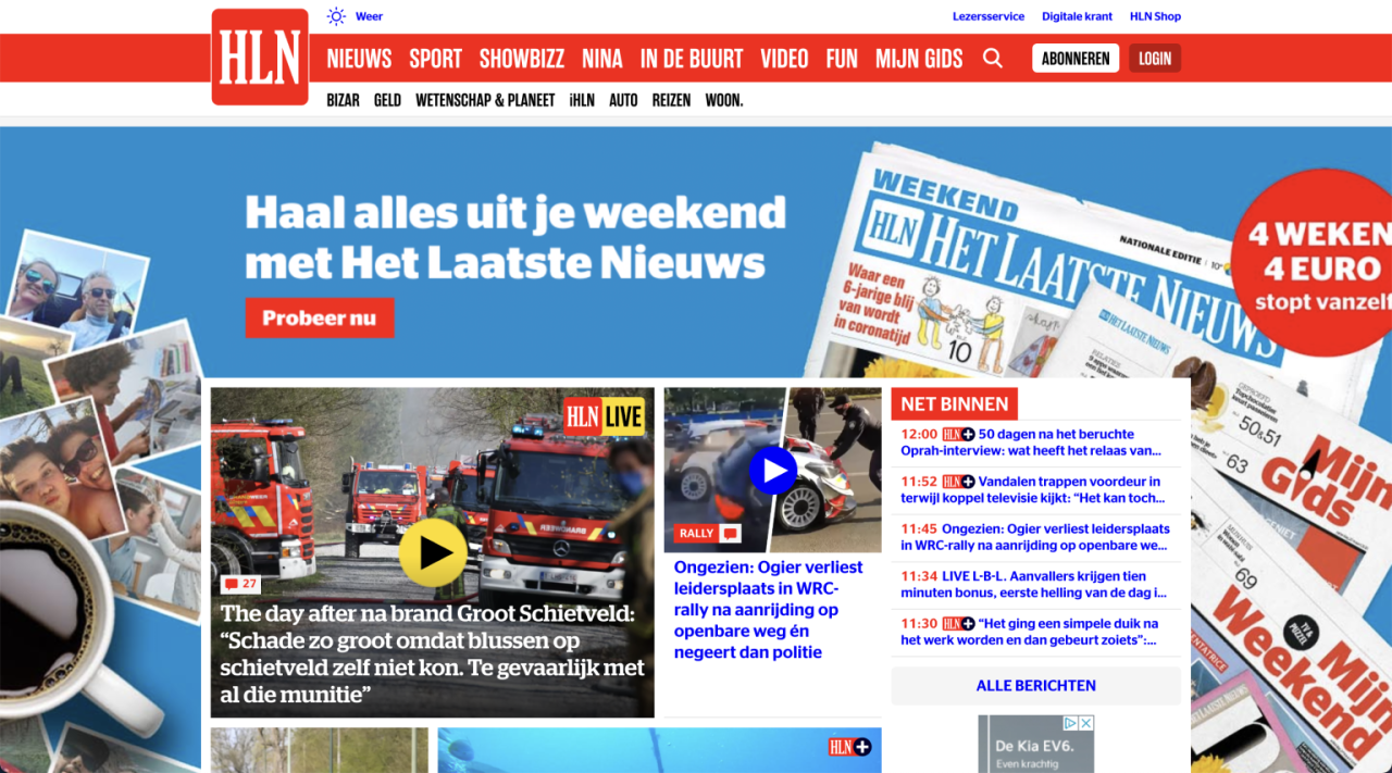 Huidige design van HLN boven de fold.