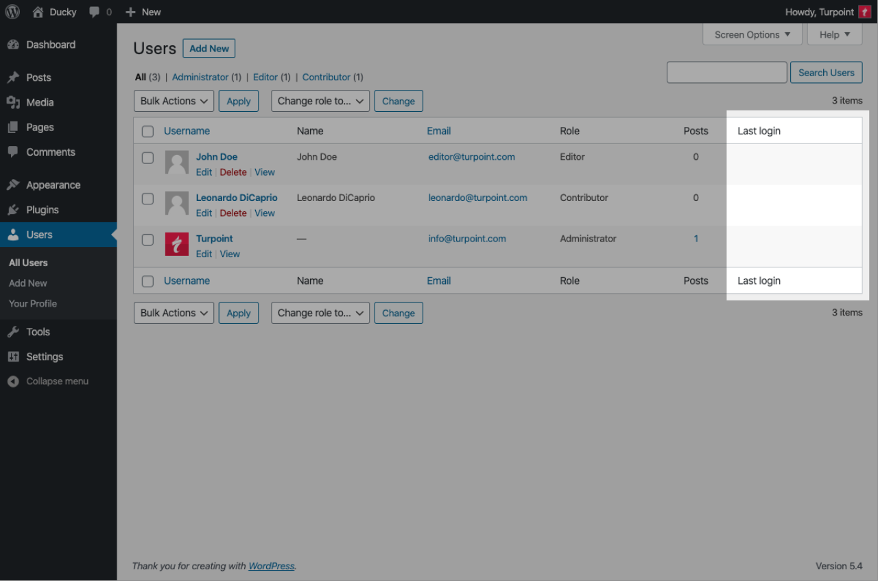Screenshot van het gebruikers scherm in WordPress.