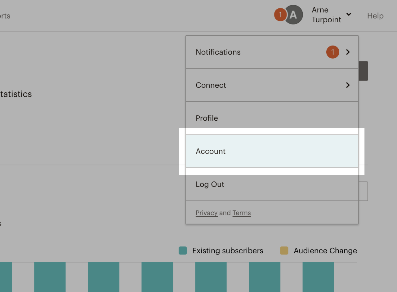 Screenshot van het accountmenu van Mailchimp.