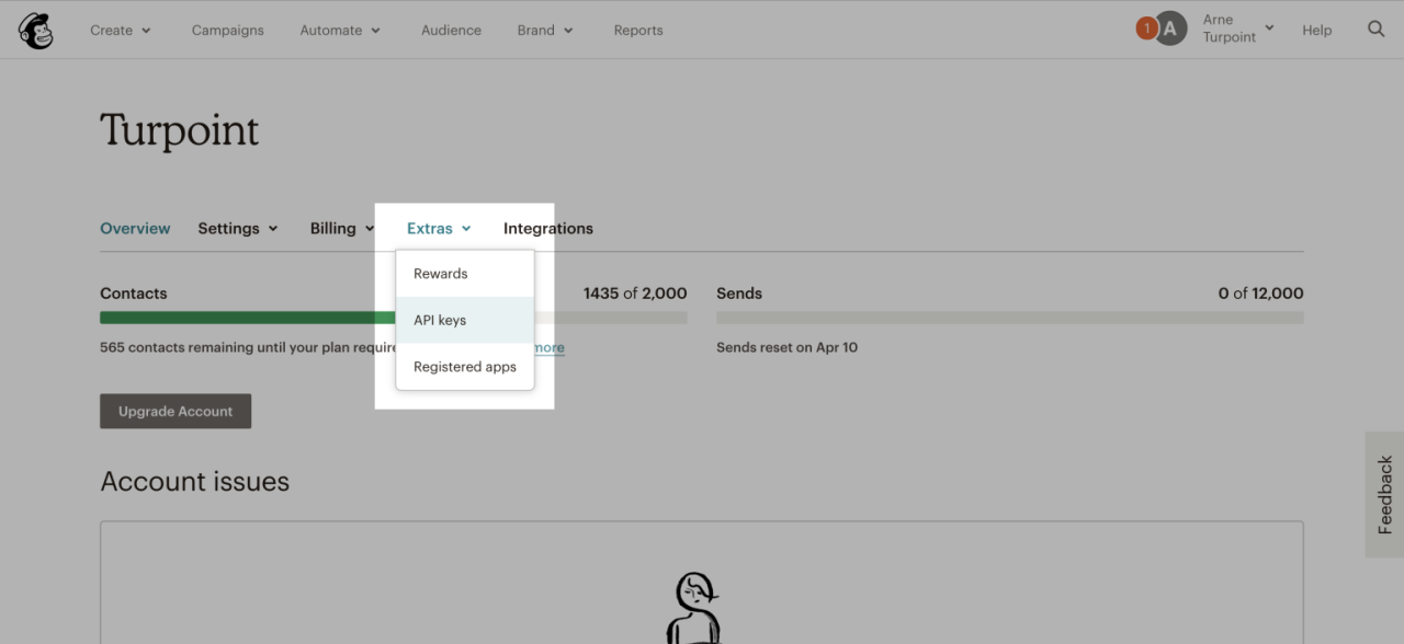 Screenshot van het Extra menu in Mailchimp.