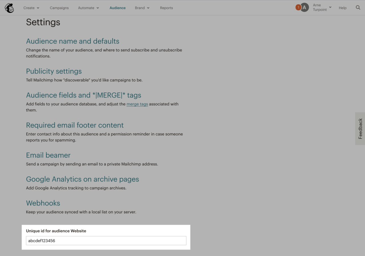 Screenshot van het list ID binnen Mailchimp.