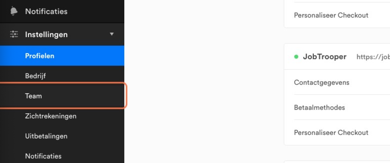Screenshot van het Team scherm van Mollie.