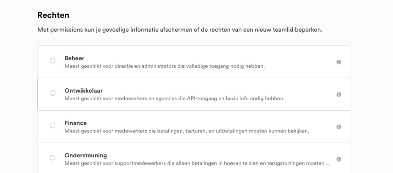 Screenshot van het kiezen van de rol Ontwikkelaar in Mollie.